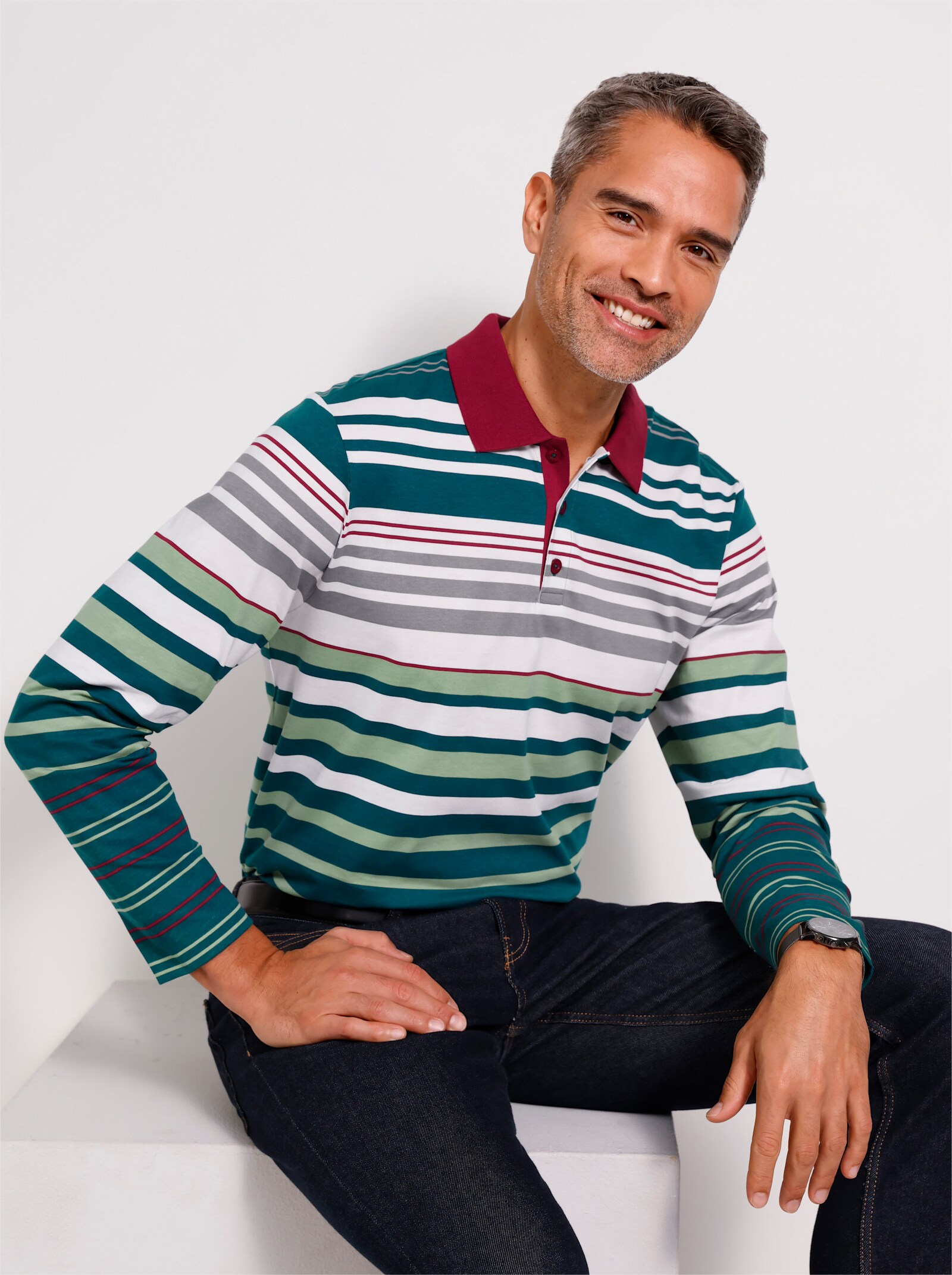 Langarm-Poloshirt in Baumwoll-Qualität, geringelt - grau-petrol-geringelt