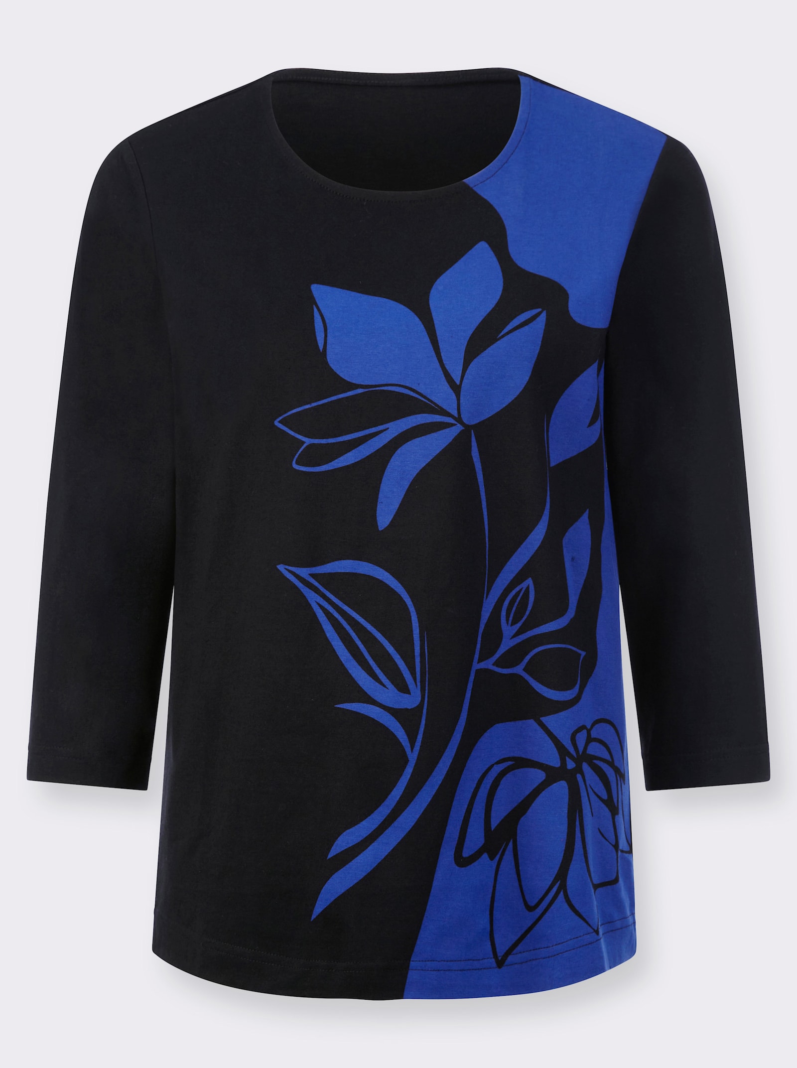 Shirt met ronde hals, in bloemdessin - zwart/koningsblauw bedrukt