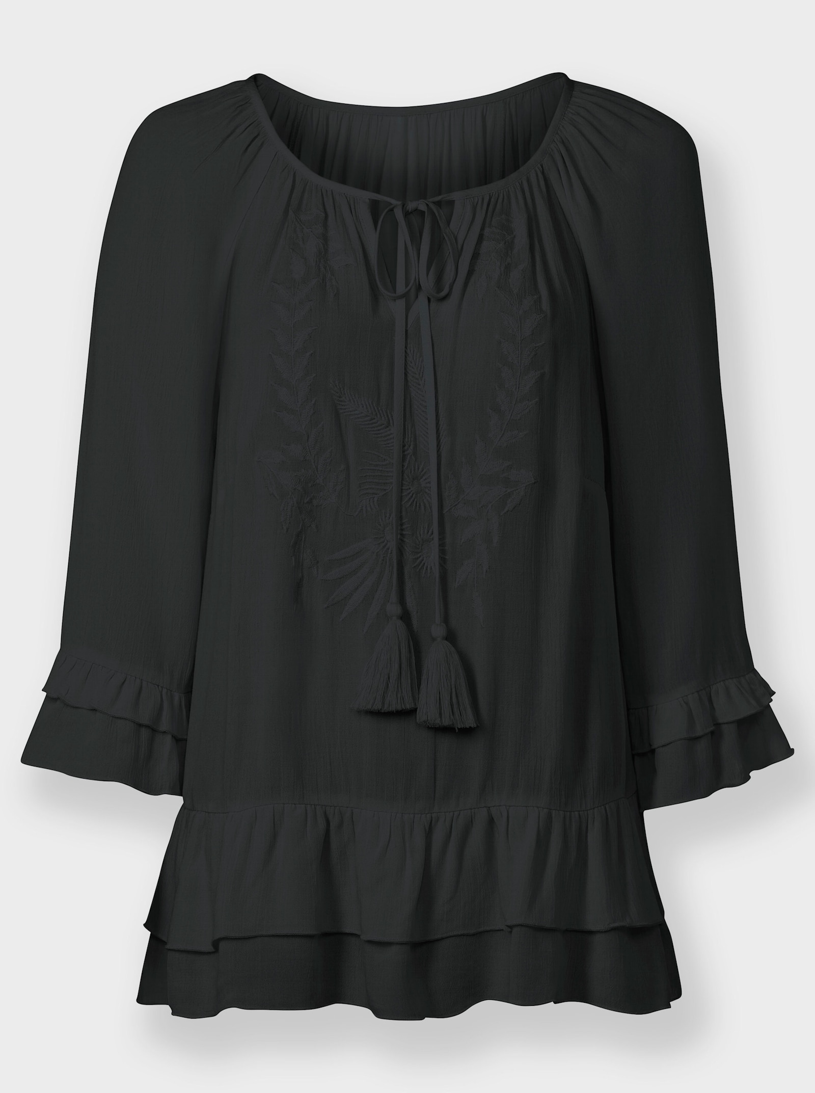 Schlupfbluse mit Blumenstickerei - schwarz