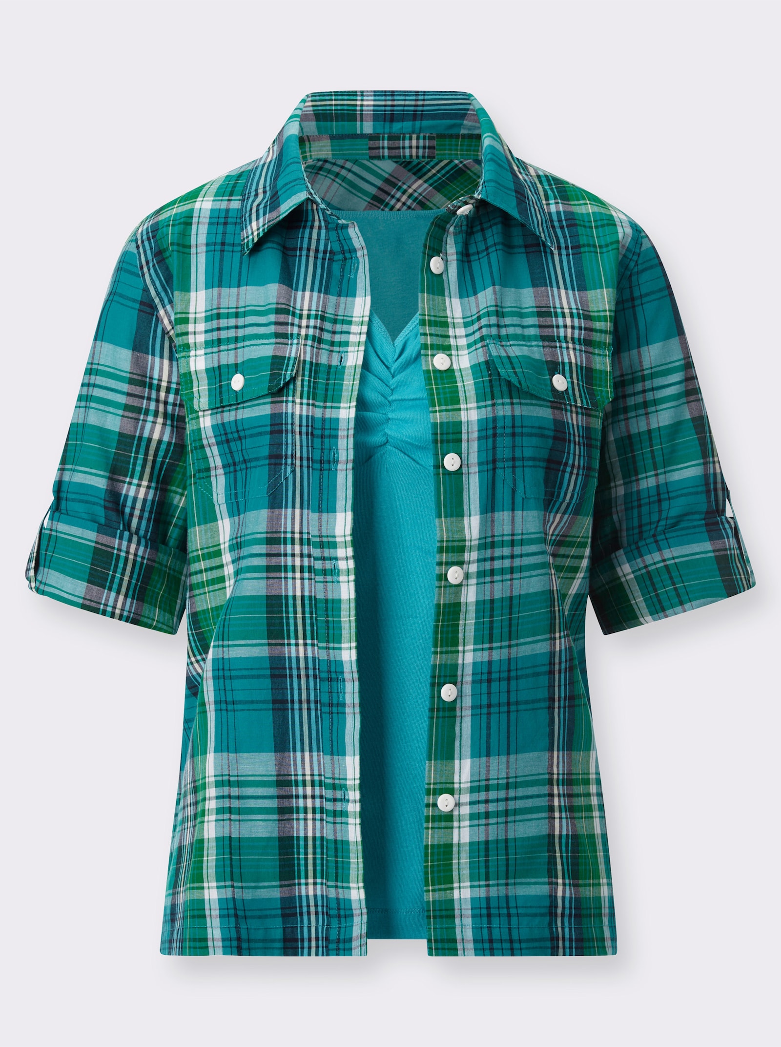 Blusenset Bluse und Top im Set - türkis-kariert