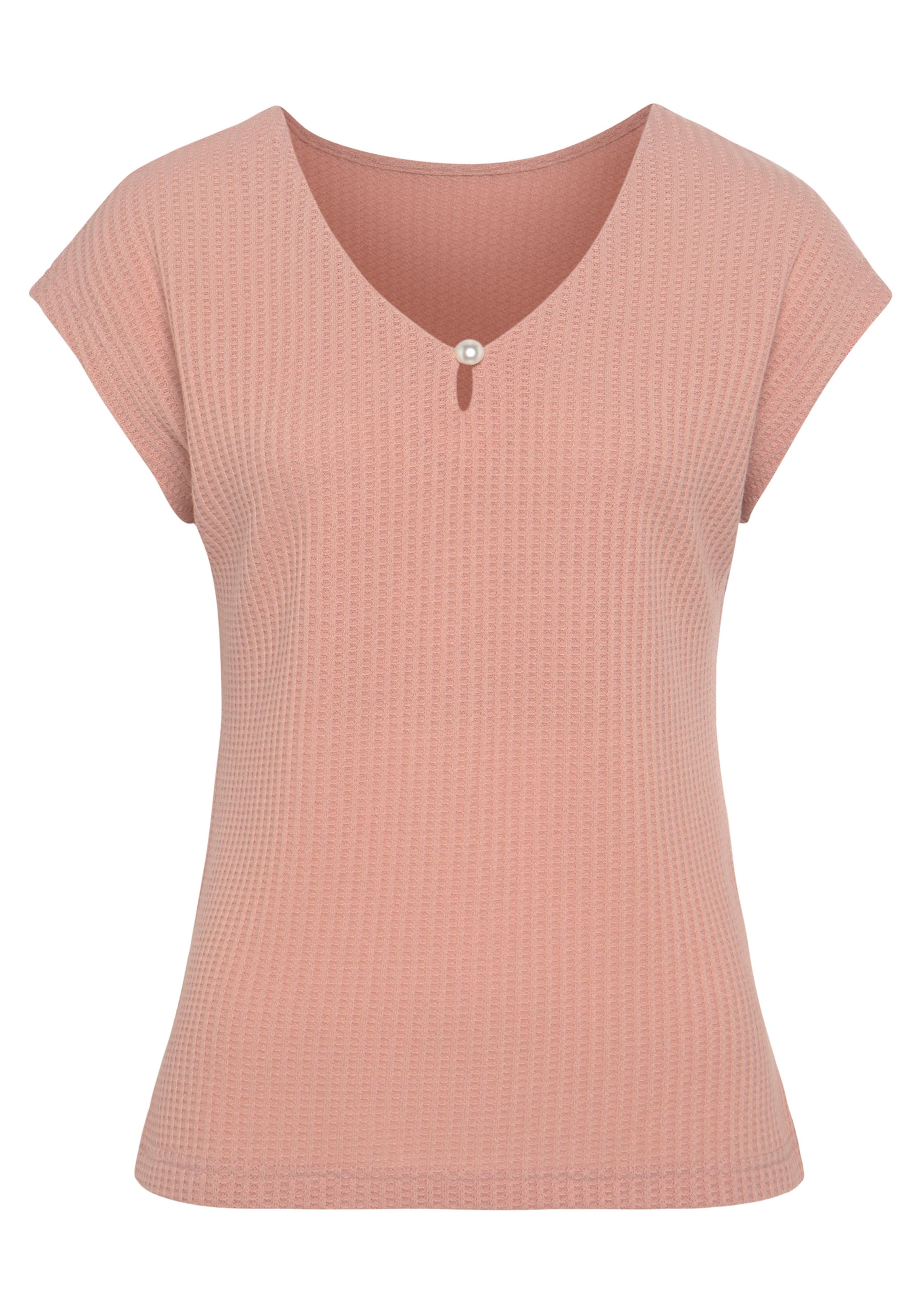 Kurzarm Shirt günstig Kaufen-T-Shirt in rose von LASCANA. T-Shirt in rose von LASCANA <![CDATA[Kurzarmshirt von Lascana. V-Ausschnitt mit kleinem Schlitz und Zierperle. Normal weite Passform. Weiche und trageangenehme Qualität aus Waffelpiqué.]]>. 