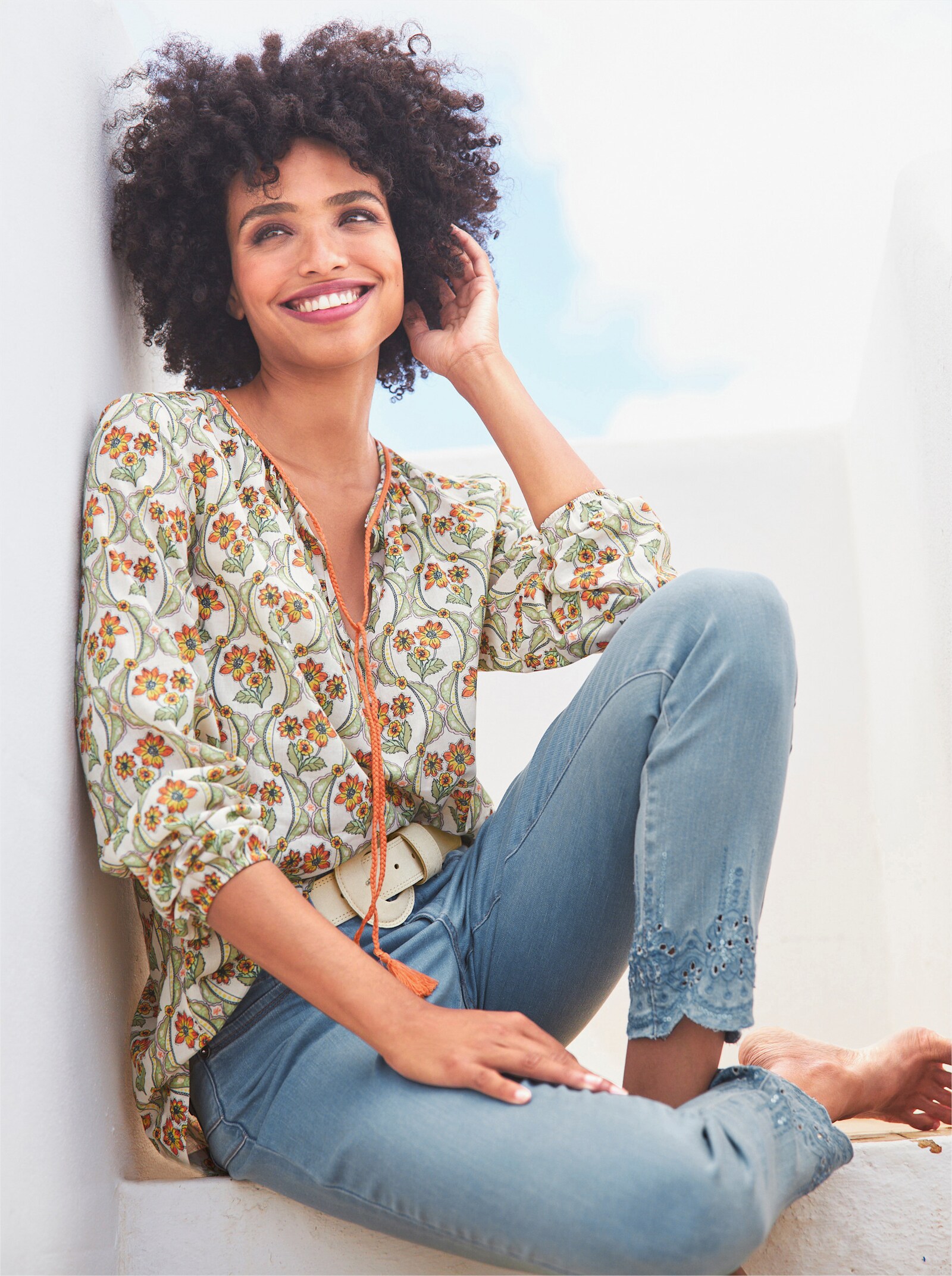 heine Baumwollbluse mit geflochtenen Bändern - champagner-orange-bedruckt