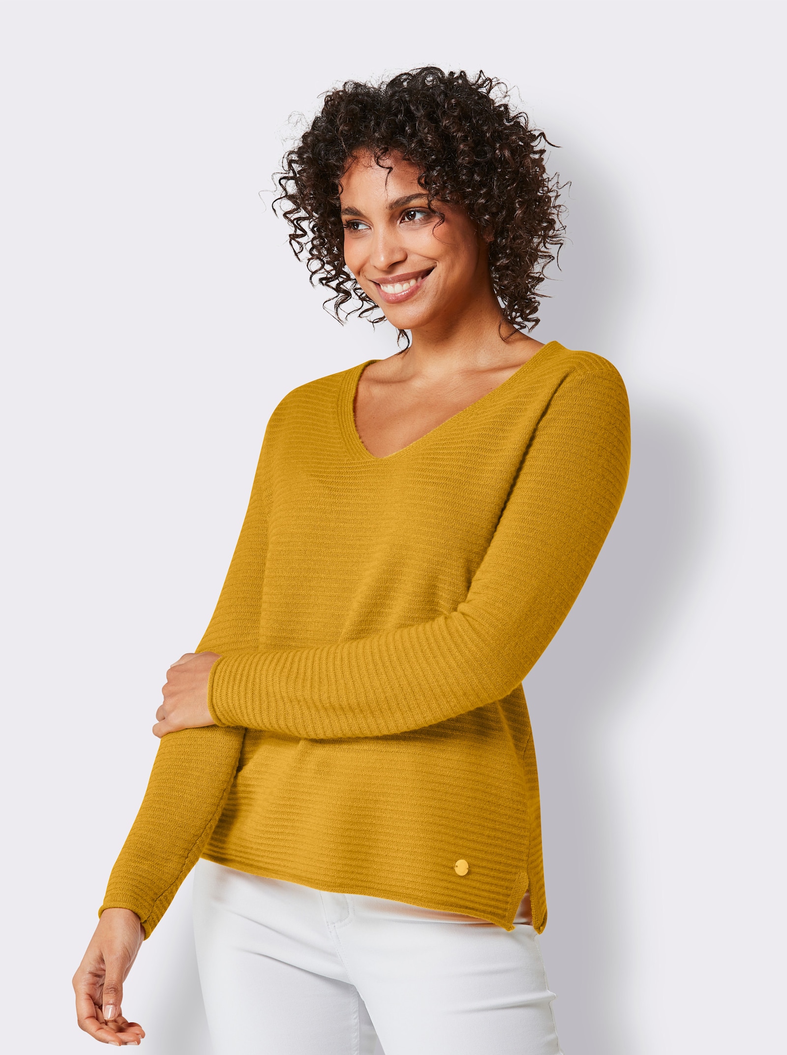 CREATION L PREMIUM Kaschmirpullover mit Seitenschlitzen - ocker