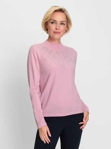 Stehkragenpullover mit silberfarbenen Glitzersteinen - rosé
