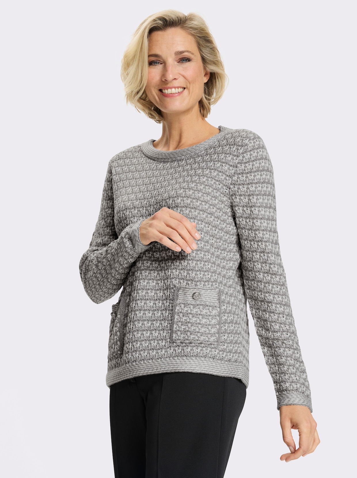 Rundhalspullover mit aufgesetzten Taschen - steingrau-ecru-gemustert