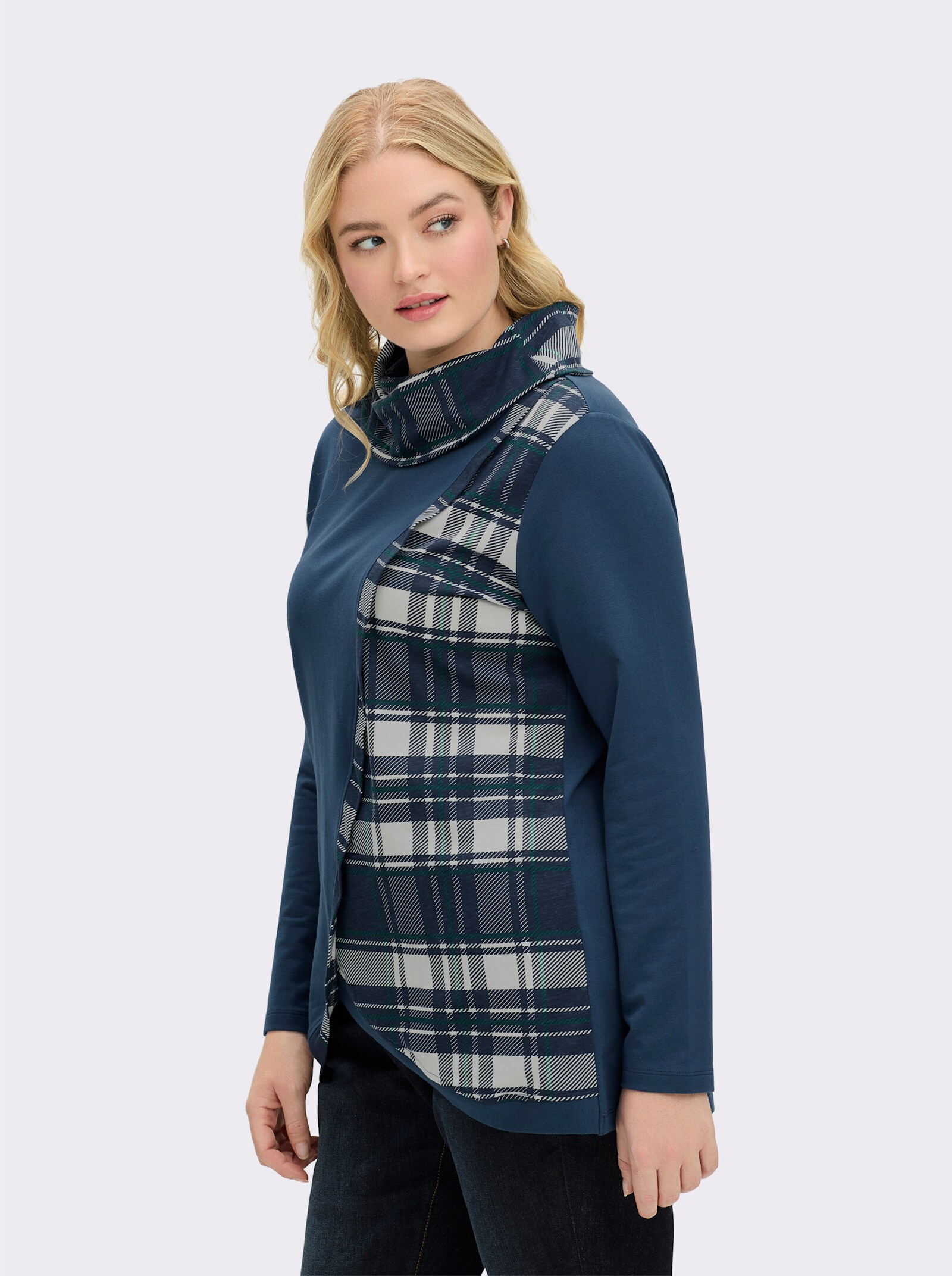 Sweatshirt mit Karo-Einsätzen - dunkelblau-weiß-gemustert