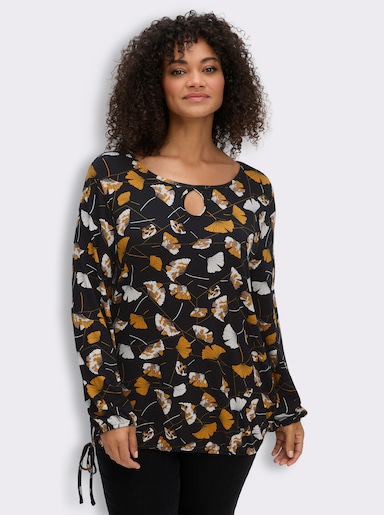 Langarmshirt - schwarz-ocker-bedruckt