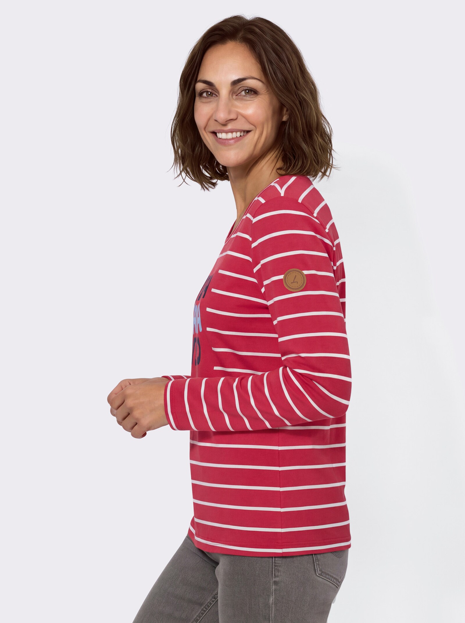 Ringelshirt mit Frontdruck - erdbeere-weiß-geringelt
