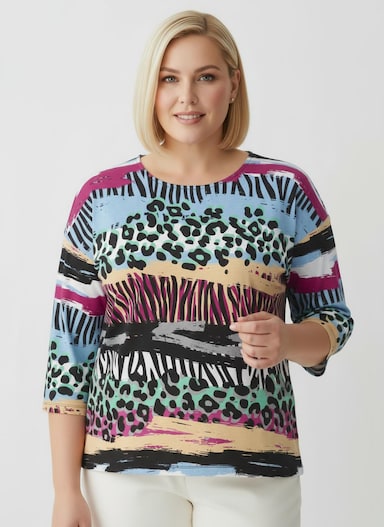 Rundhalsshirt im Mustermix - schwarz-pink-bedruckt