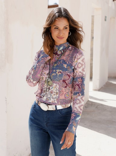 Stehkragenshirt im Patchwork-Dessin - burgund-violett-bedruckt