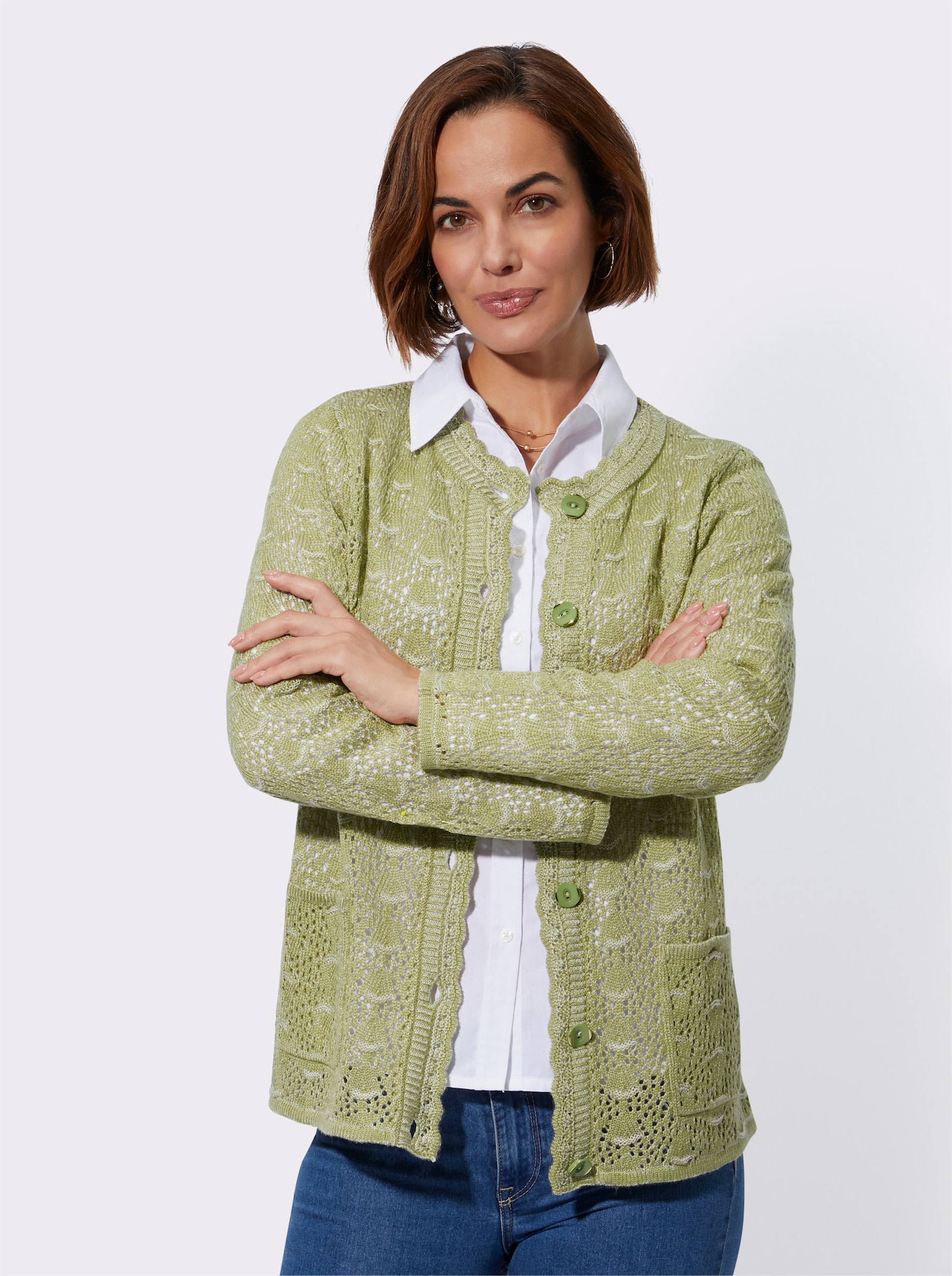  Ajourstrickjacke mit gebogten Abschlüssen - schilf-meliert