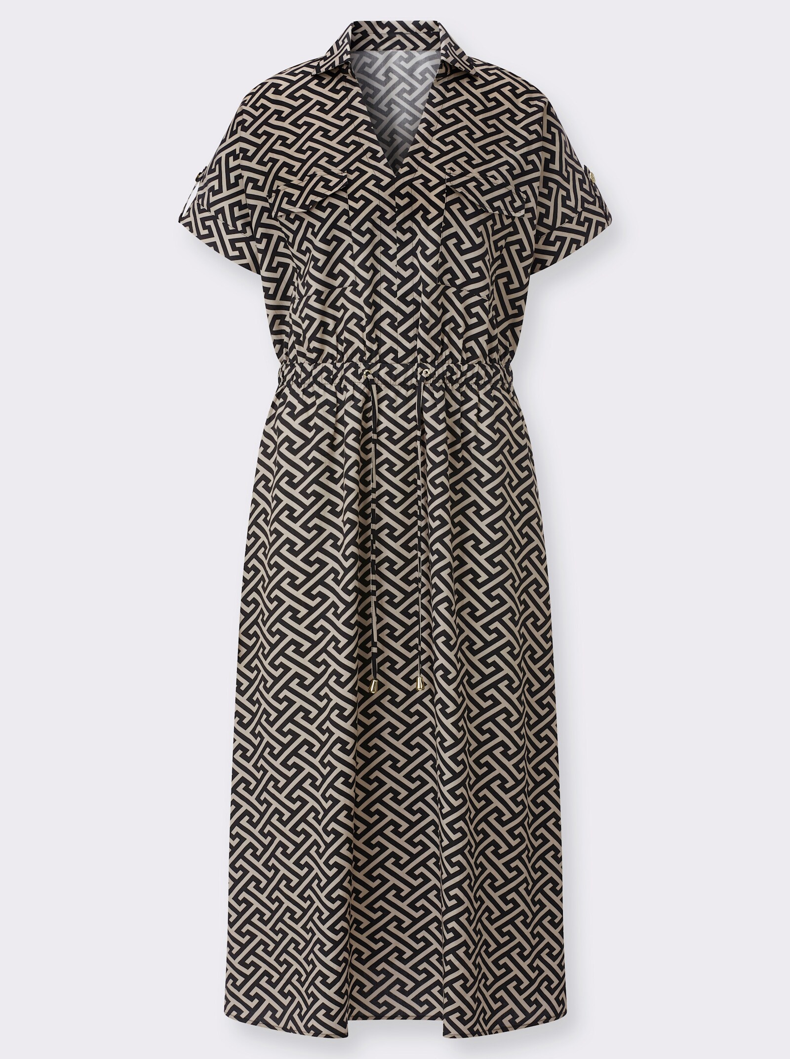 Webkleid mit Brust-Pattentaschen - schwarz-sand-bedruckt