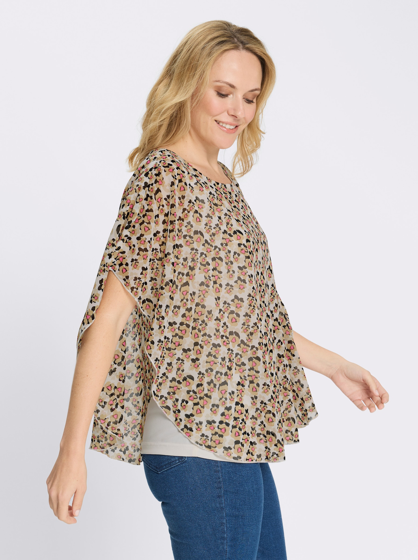 Schlupfbluse im Lagenlook - champagner-camel-bedruckt