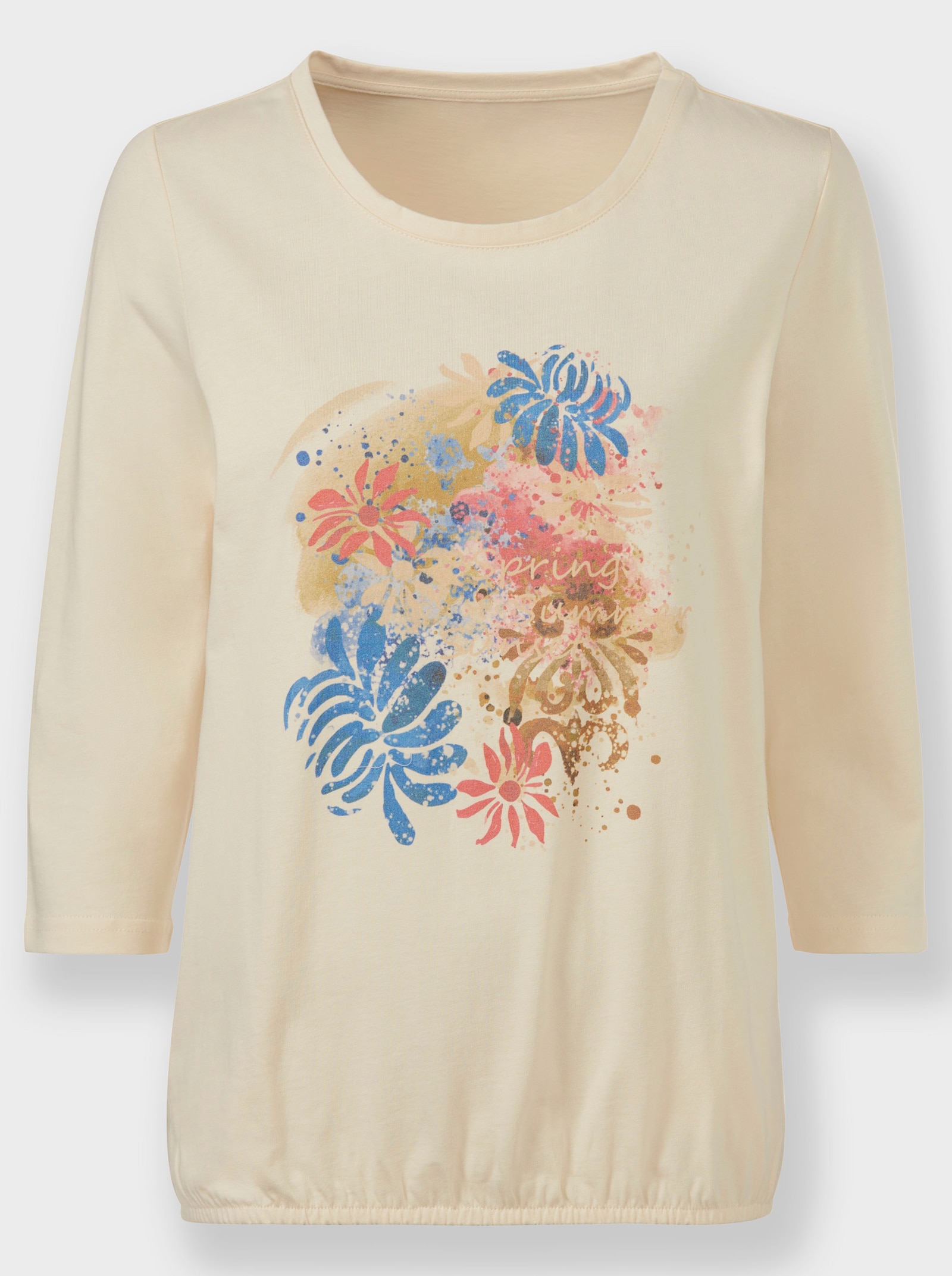 Shirt met 3/4-mouwen en elastische zoom - ivoor/duifblauw bedrukt