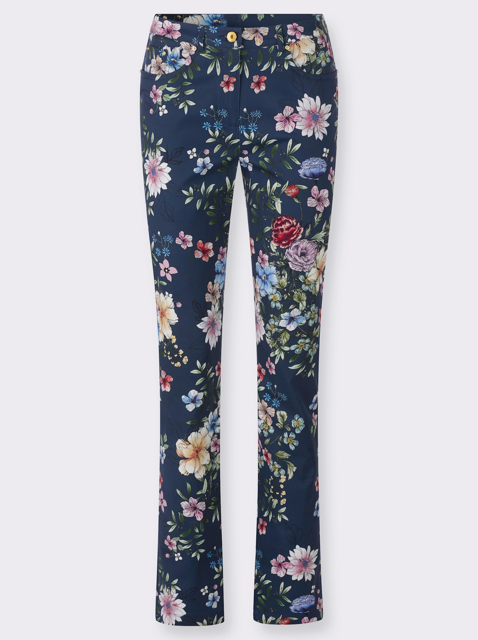 Broek met print en elastan - donkerblauw/orchidee bedrukt