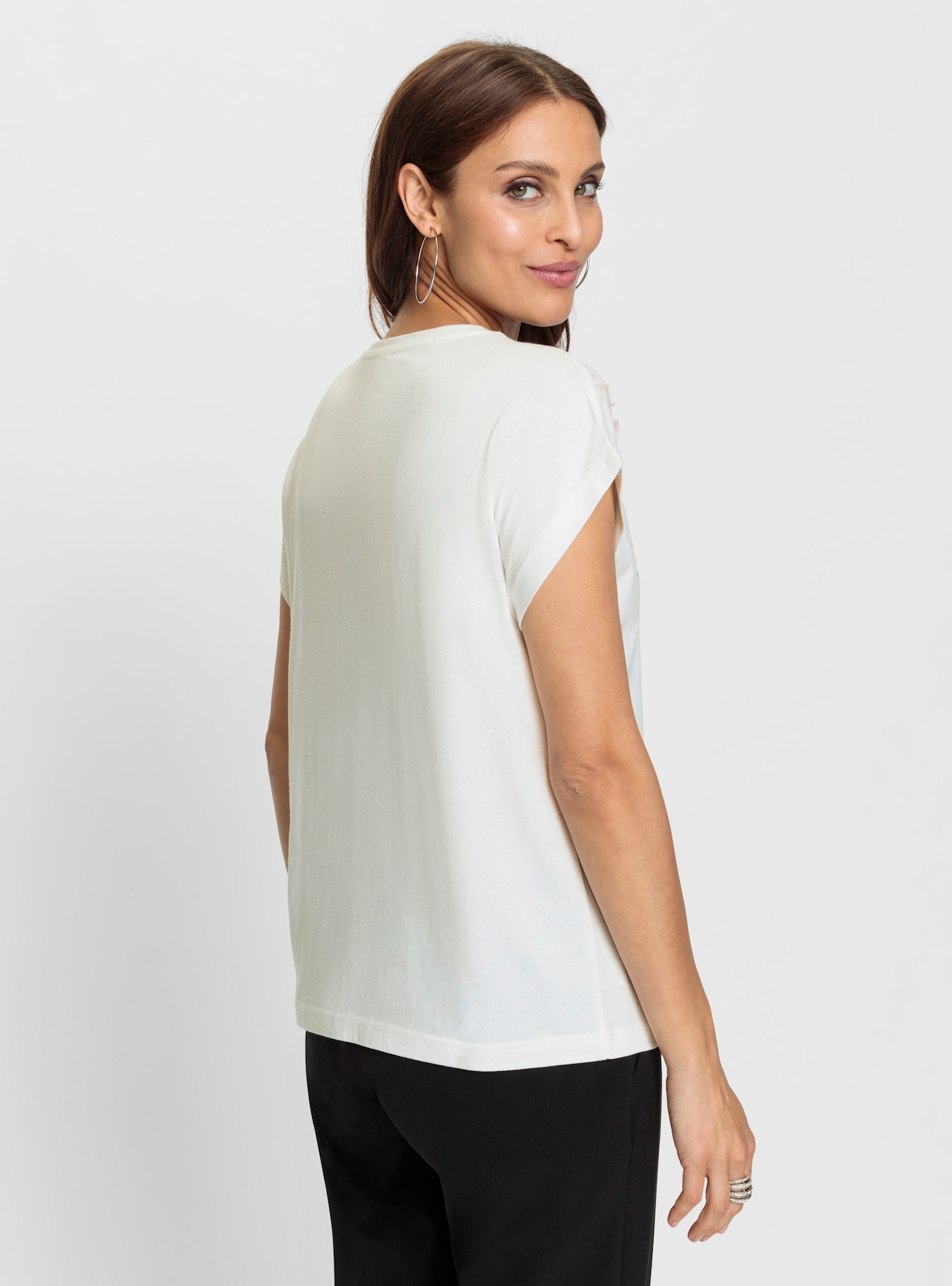 Tričko s kulatým výstřihem s květinovým potiskem - ecru-růžová-potisk