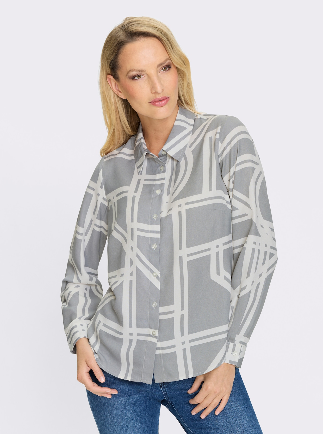 heine Druckbluse - steingrau-ecru-bedruckt