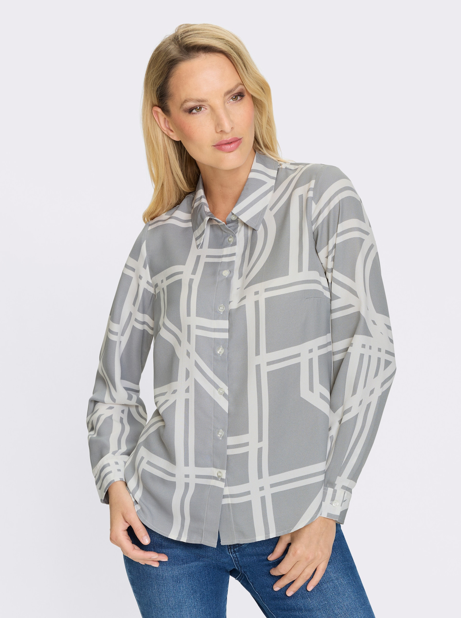 heine Druckbluse mit grafischem Dessin - steingrau-ecru-bedruckt