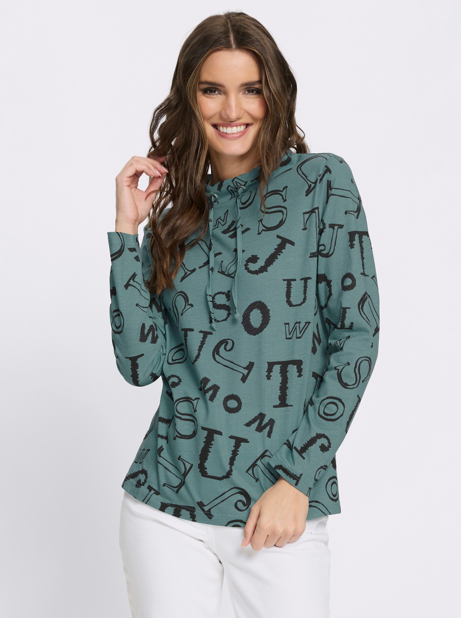 Stehkragenshirt mit Lettering-Print - jade-schwarz-bedruckt