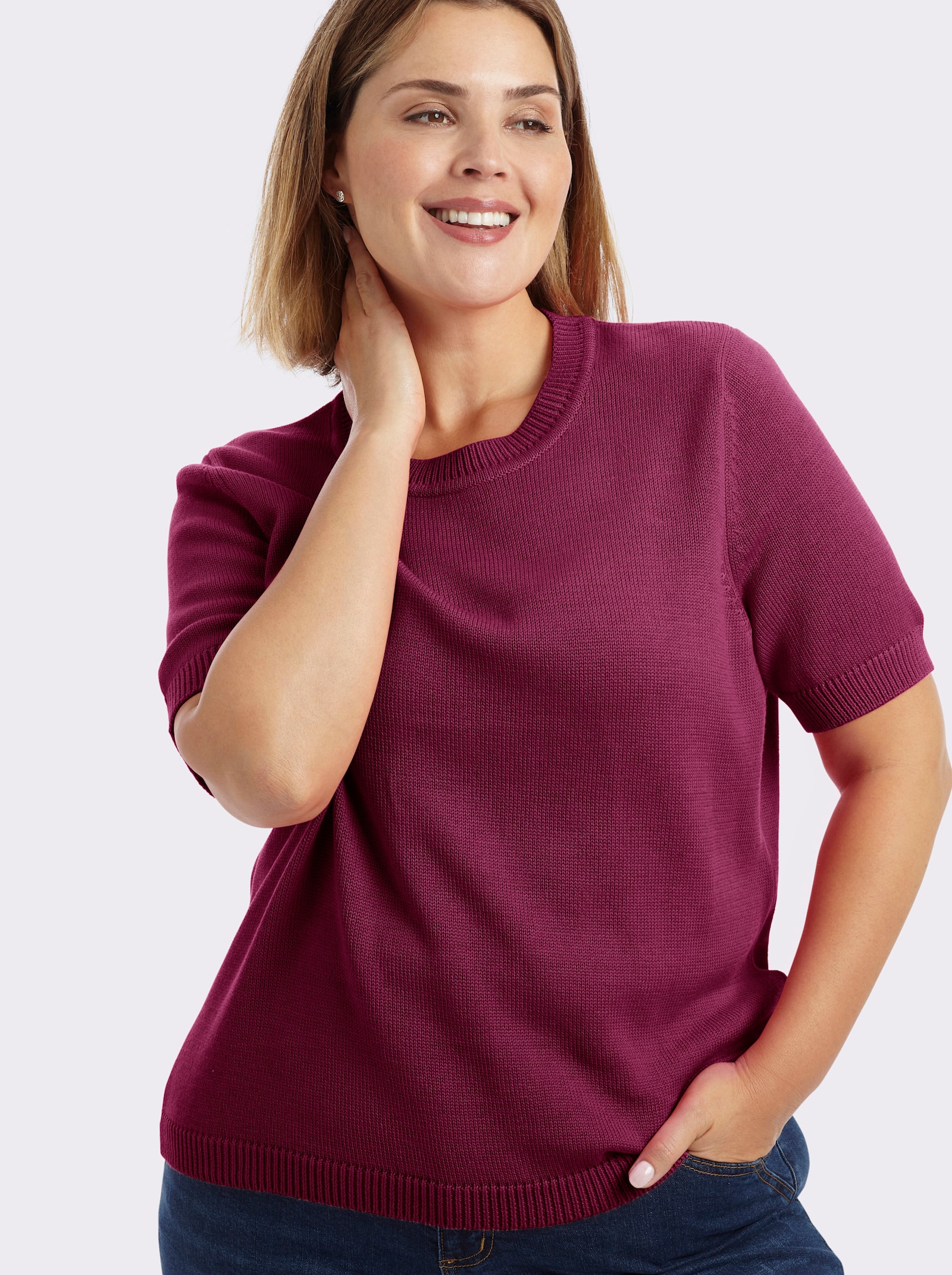 Kurzarmpullover mit Rippabschlüssen - fuchsia