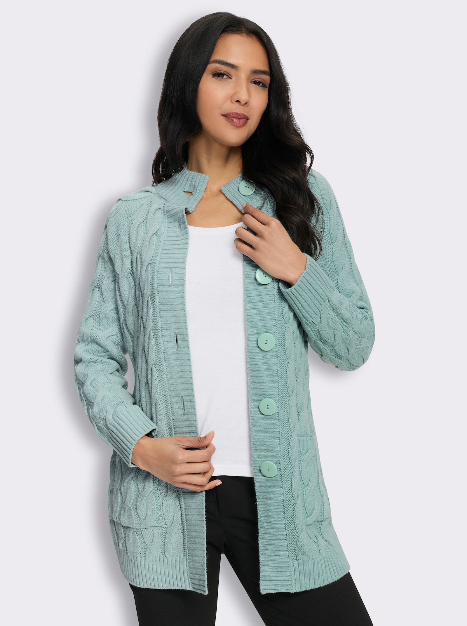 Longstrickjacke mit Zopfmuster - kalkmint
