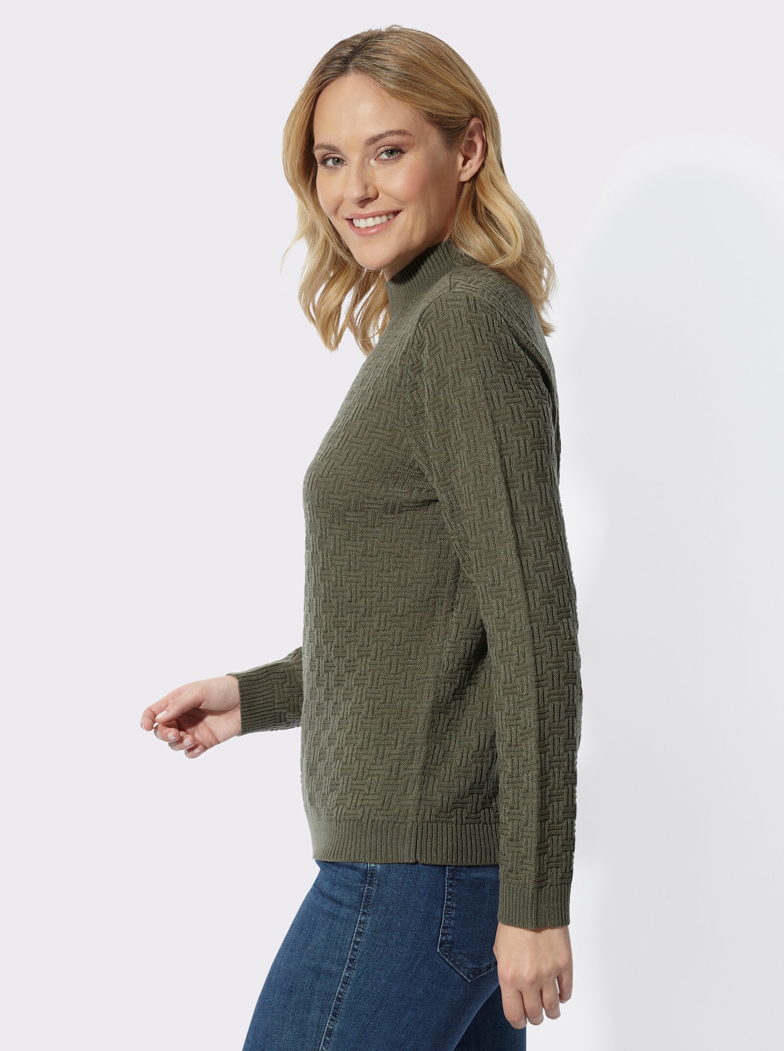 Stehkragenpullover mit Strickmuster - khaki
