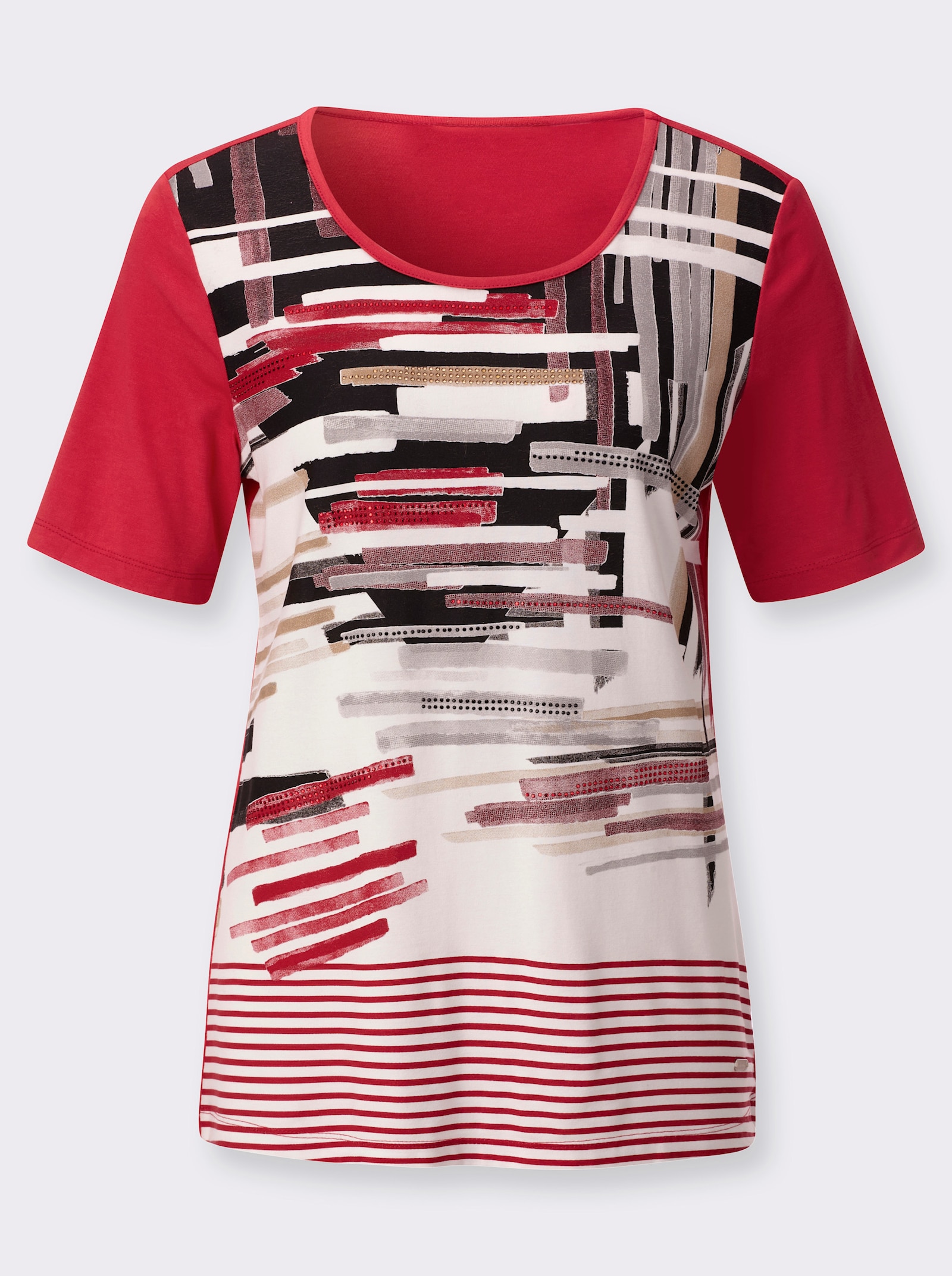 Rundhalsshirt mit Ziersteinchen im Vorderteil - erdbeere