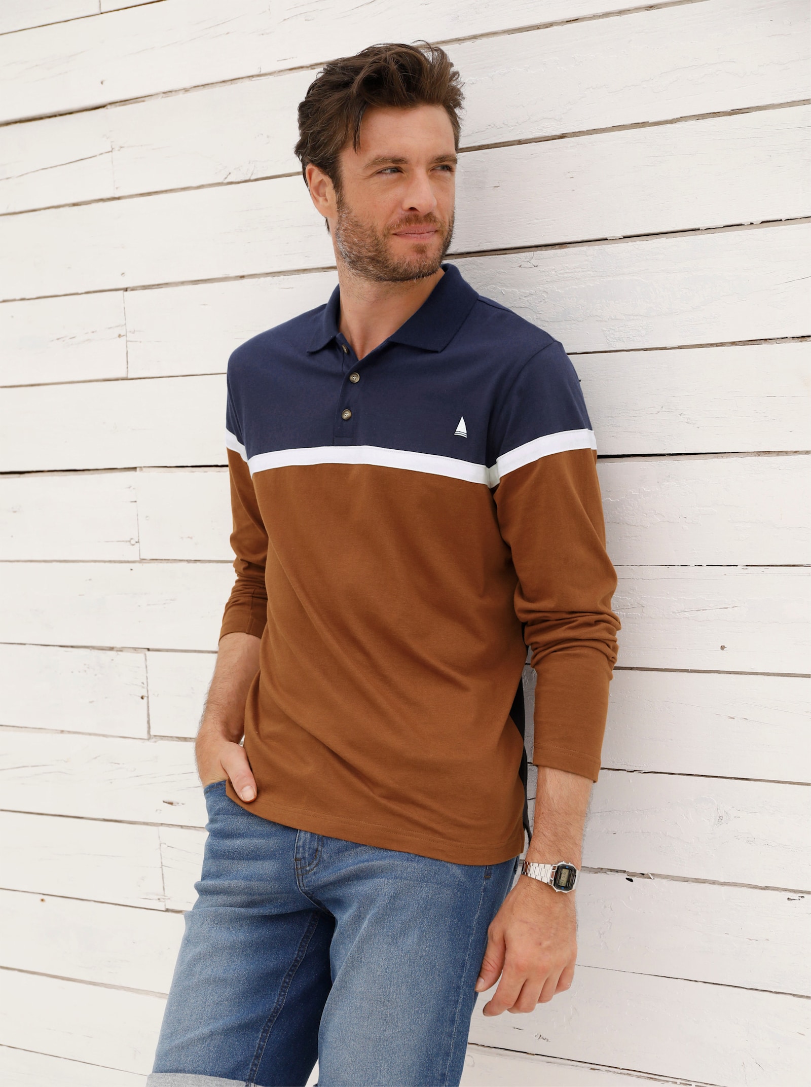 Catamaran Poloshirt met lange mouwen in colour-blocking-dessin - marine/cognac