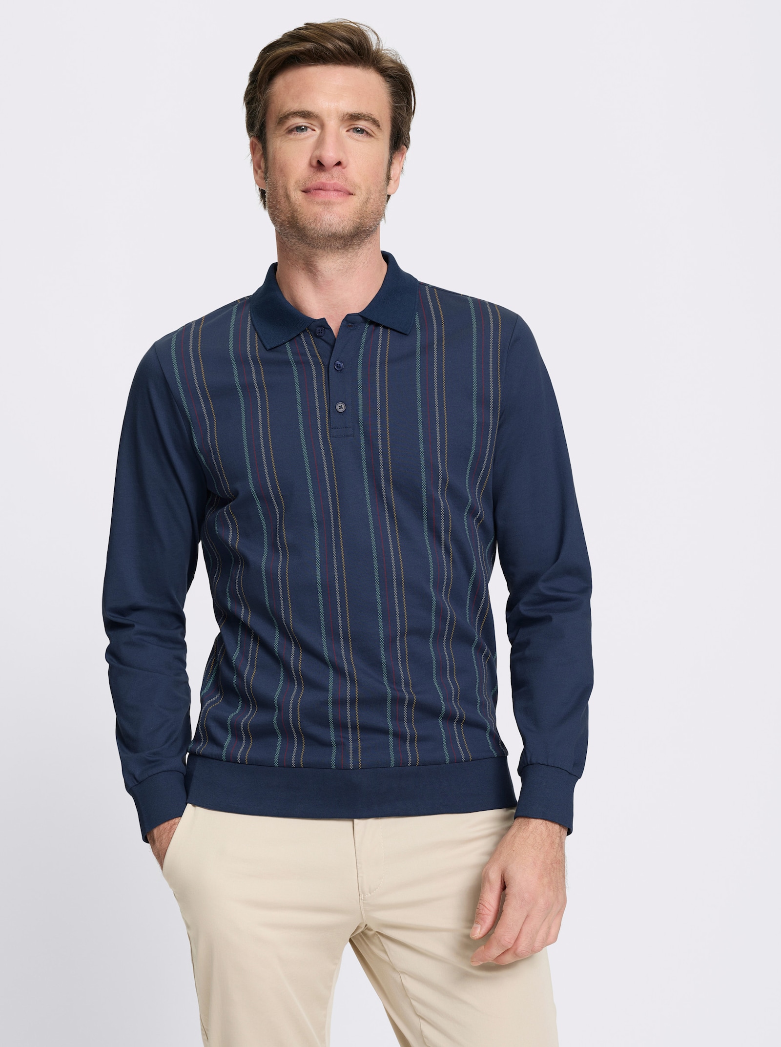 Marco Donati Langarm-Poloshirt mit Knopfleiste - dunkelblau-gestreift