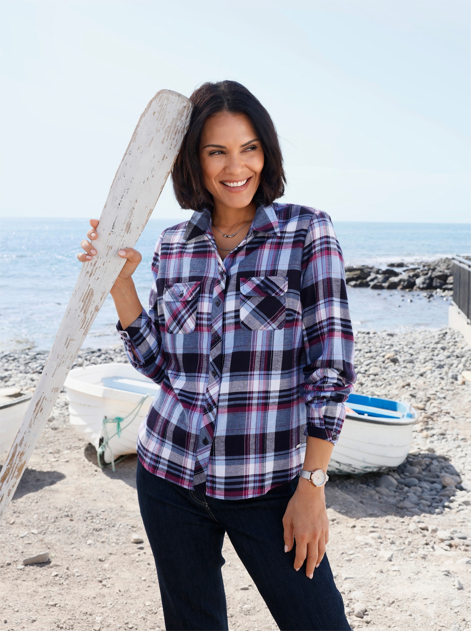 Flanell-Bluse - magenta-marine-kariert