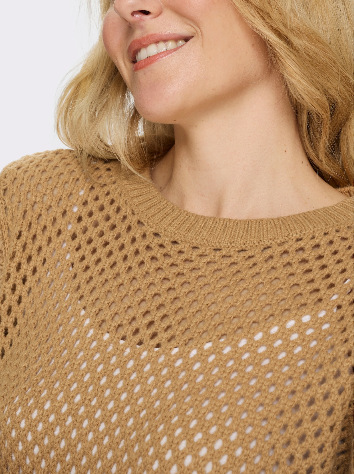 Ajourpullover mit gerippten Bündchen - camel