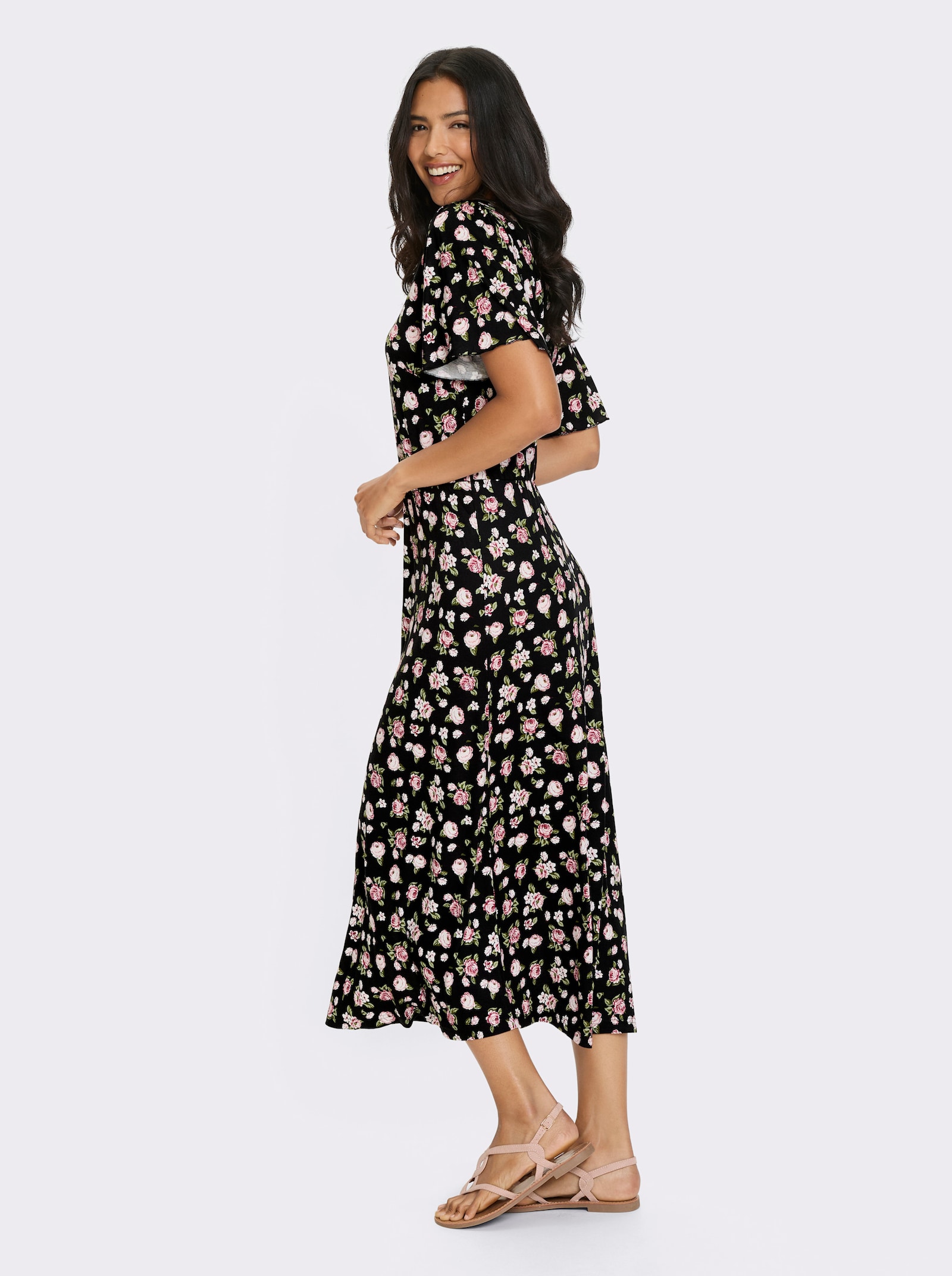 Jerseykleid im Blüten-Dessin - schwarz-altrosa-bedruckt