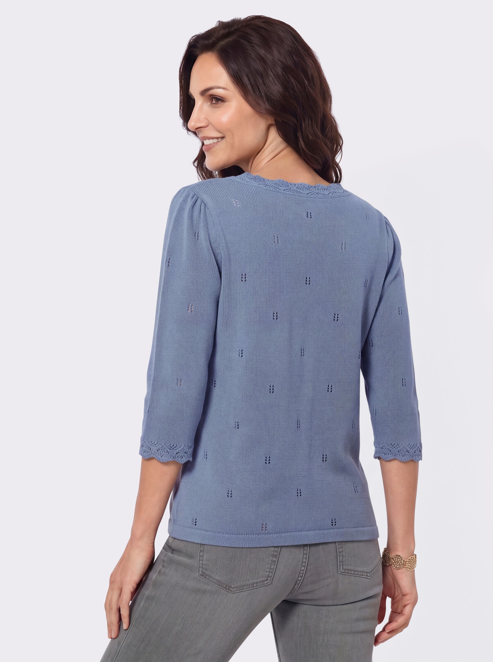 Baumwollpullover mit gewellten Abschlüssen - taubenblau