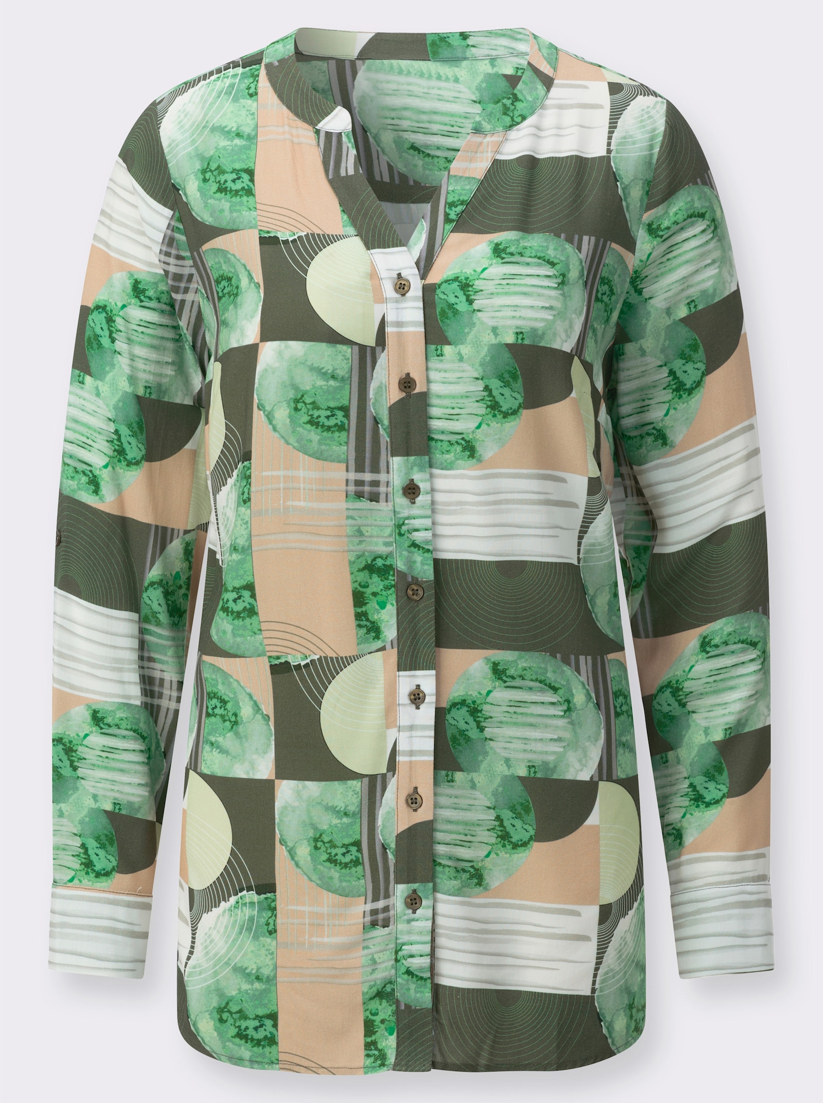 Druckbluse im figurumspielden Schnitt - khaki-pistazie-bedruckt