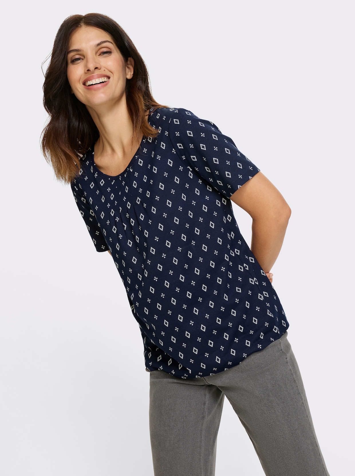 Kurzarmshirt - marine-weiß-bedruckt