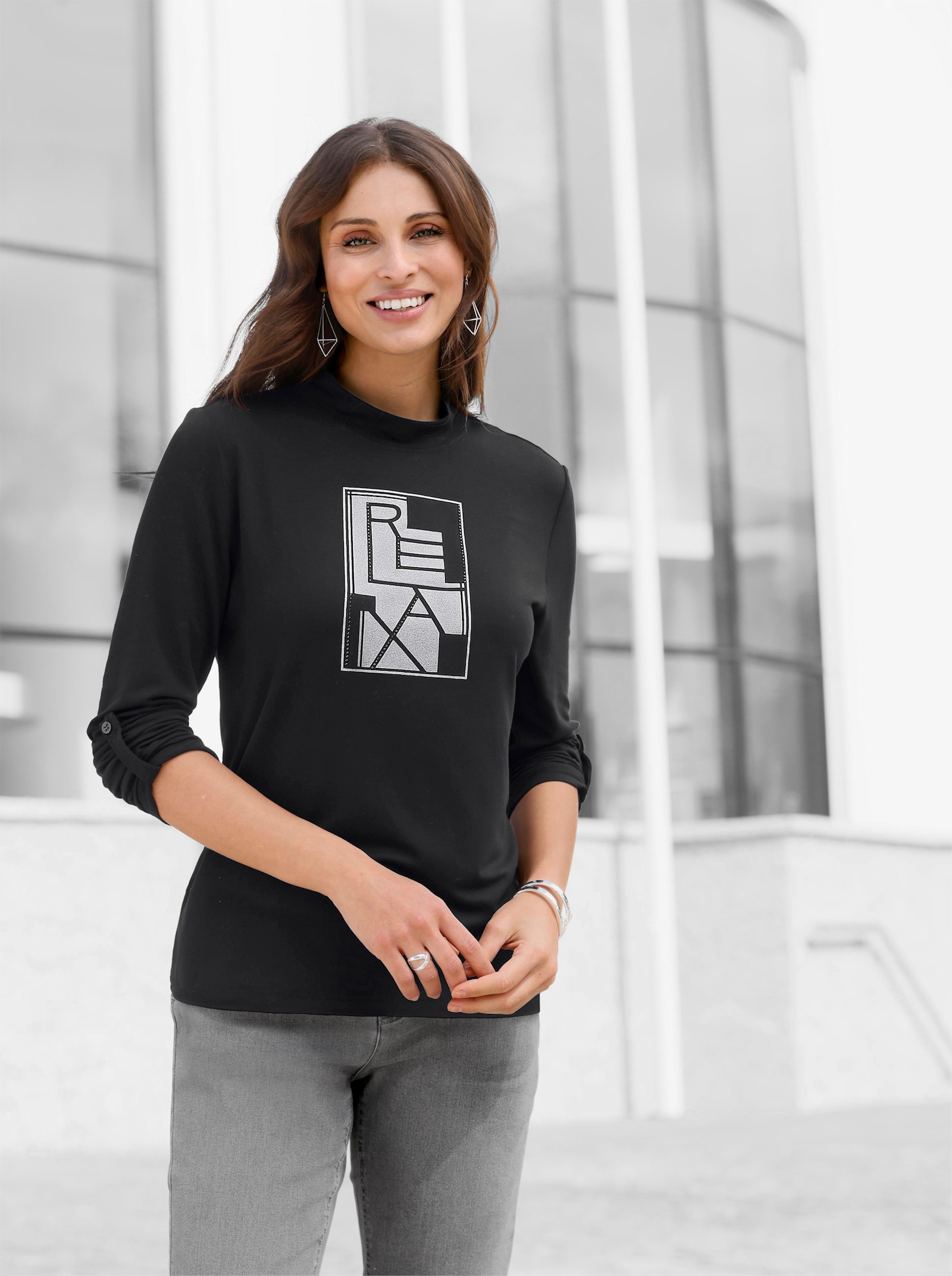 Shirt mit silberfarbigem Druck - schwarz