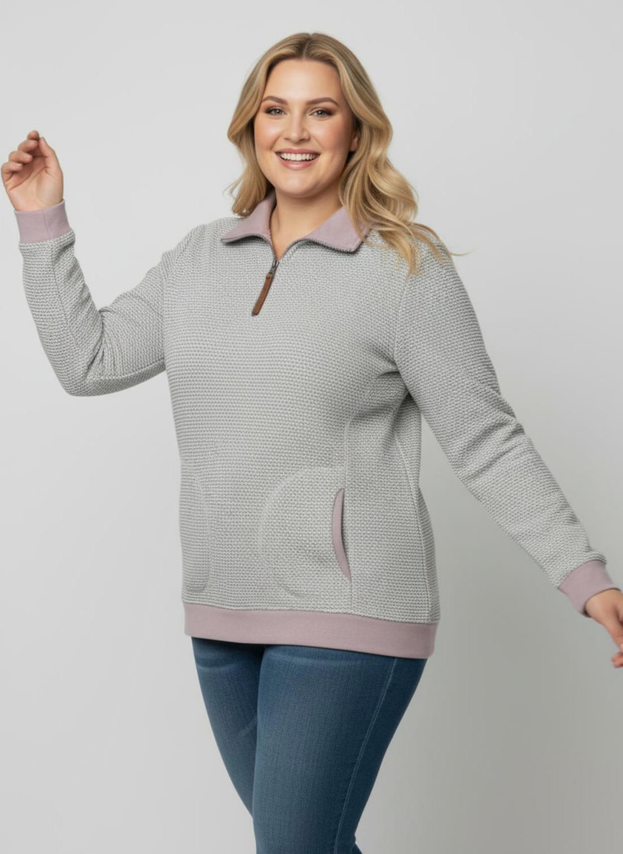 Sweatshirt mit Troyerkragen - steingrau-mauve