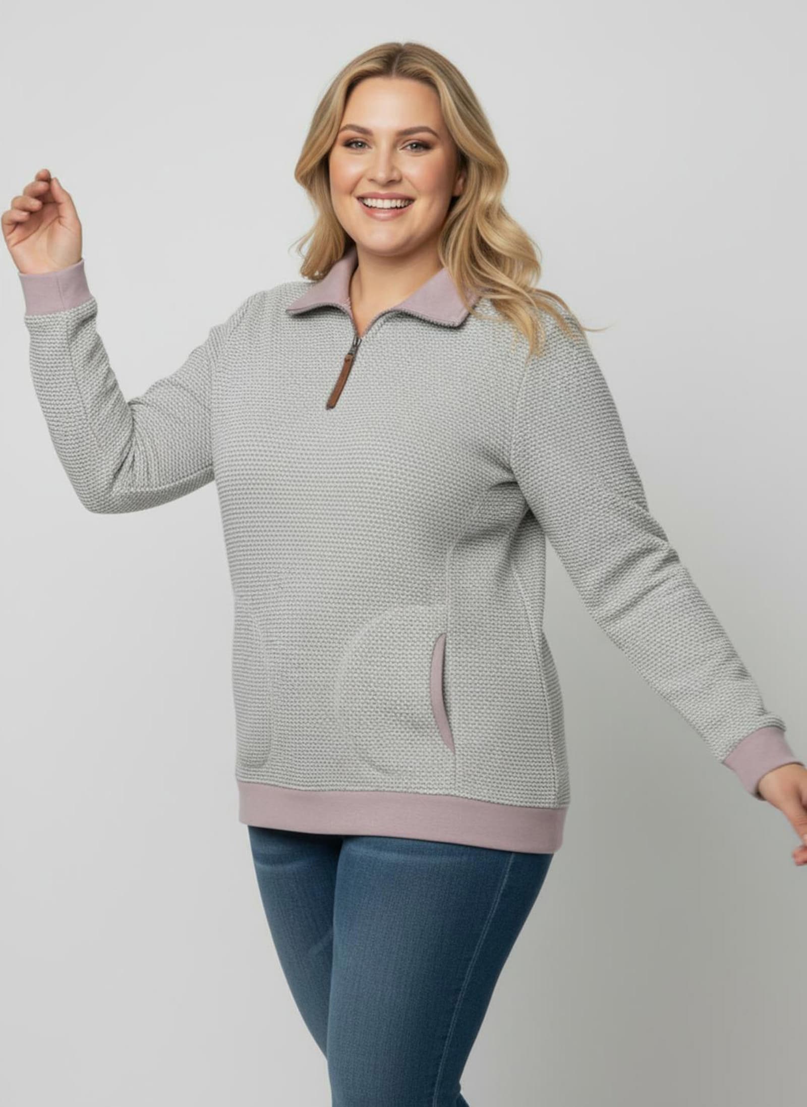 Sweatshirt mit Troyerkragen - steingrau-mauve