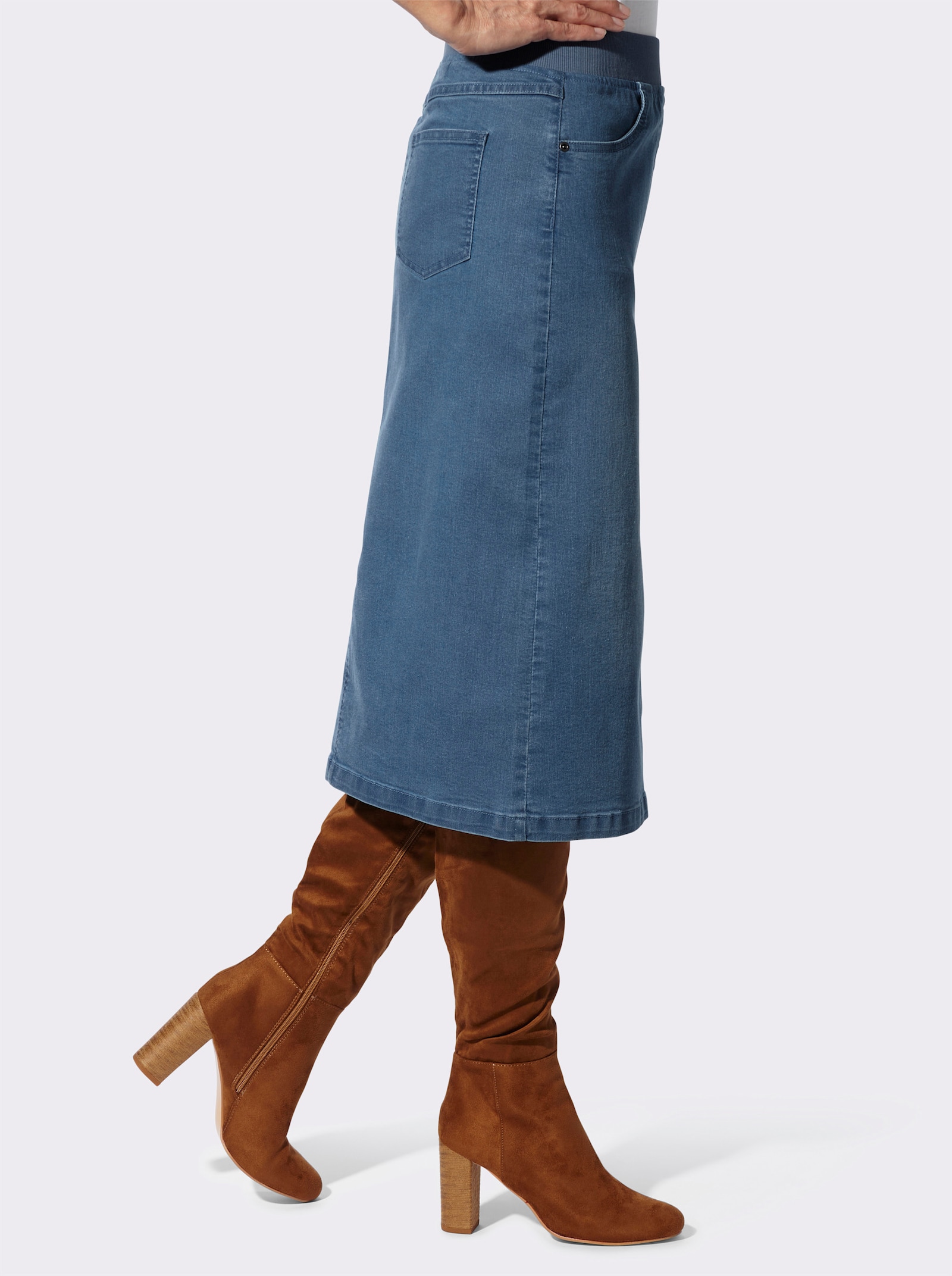 Jeansrock mit geripptem Dehnbund - blue-bleached