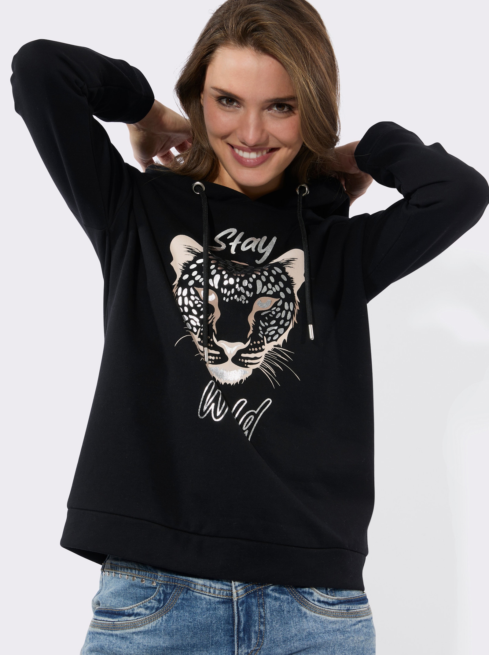 Sweatshirt mit glänzendem Leo-Motiv - schwarz