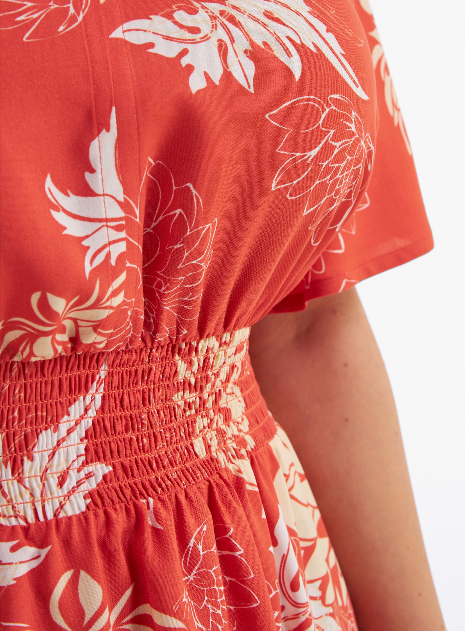 Blumenkleid mit breitem Smokbund - terra-vanille-bedruckt