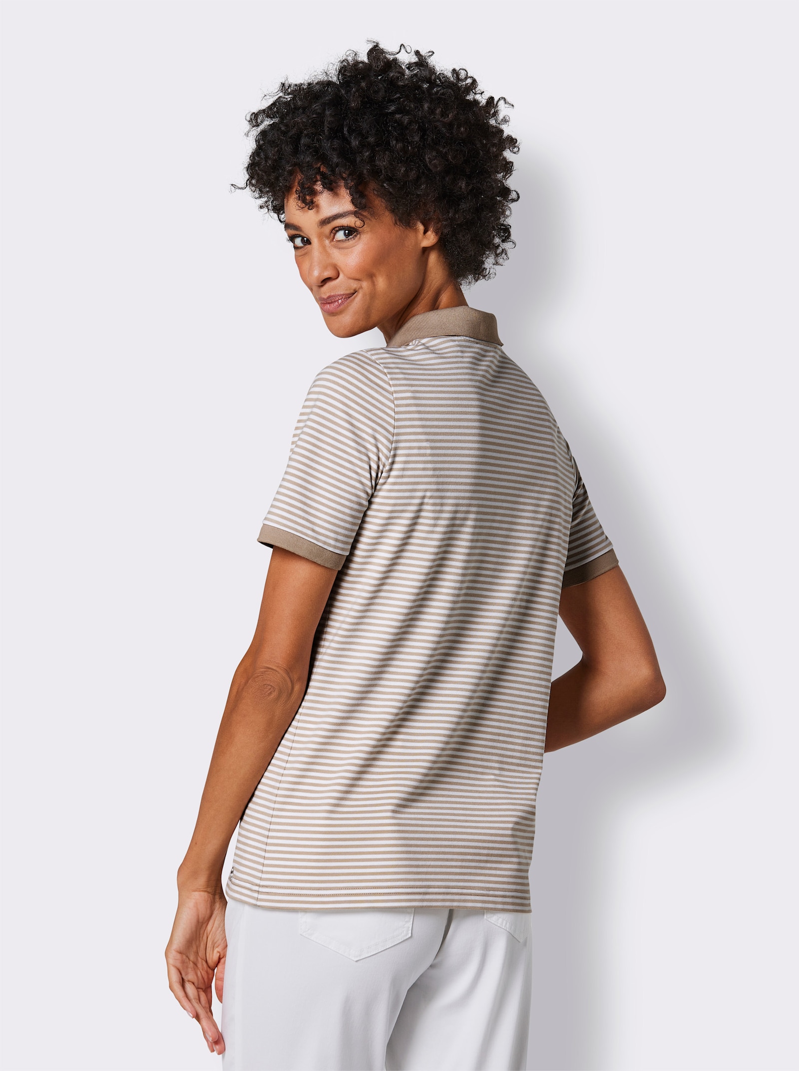 CREATION L PREMIUM Poloshirt mit Druckknöpfen - beige-weiß-geringelt