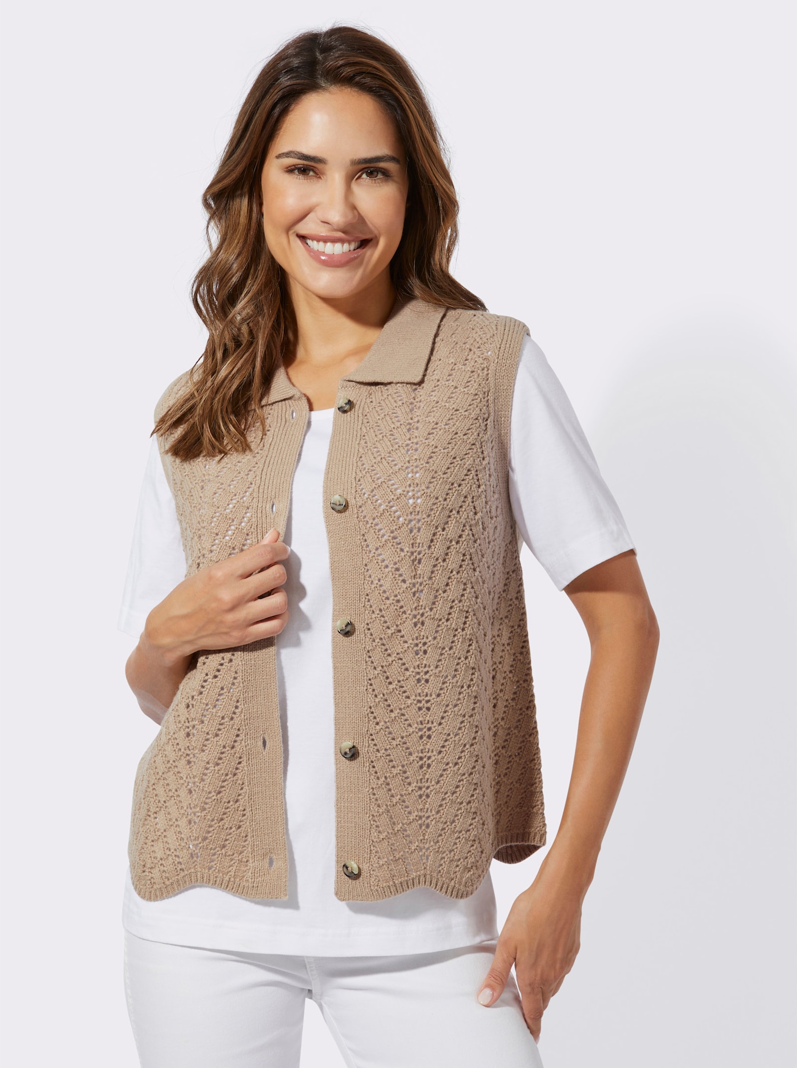 Pletená vesta s ažúr.vzorom - sezamová