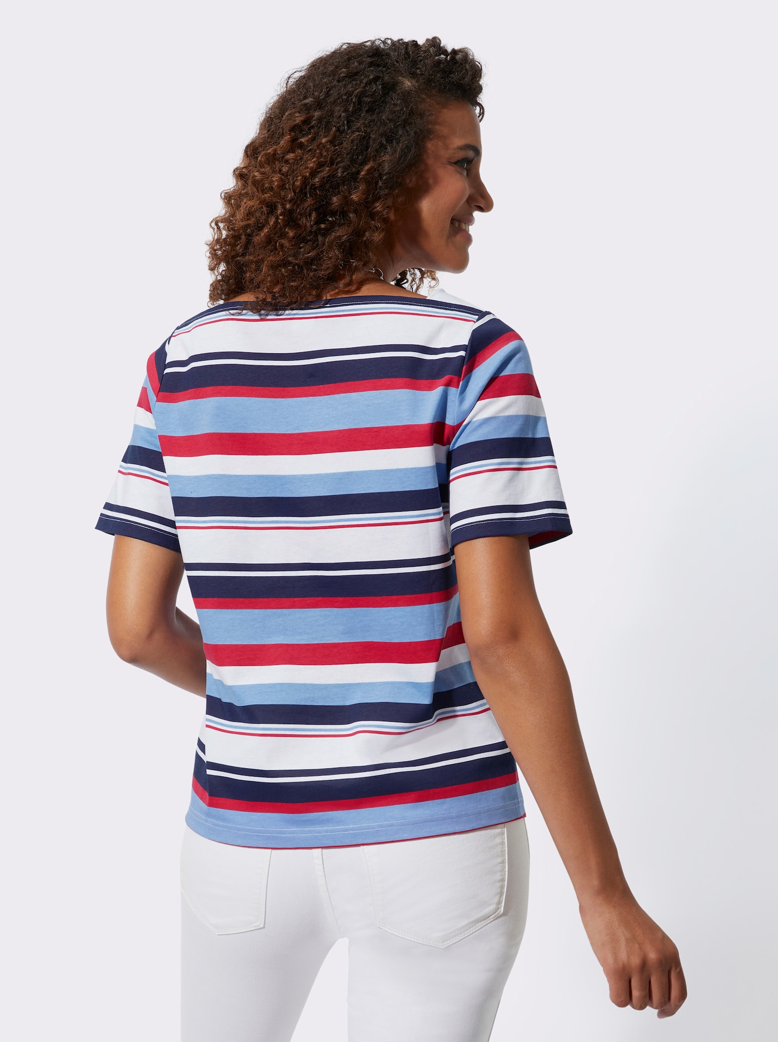 T-shirt à rayures fines avec encolure en U - marine-fraise à rayures fines