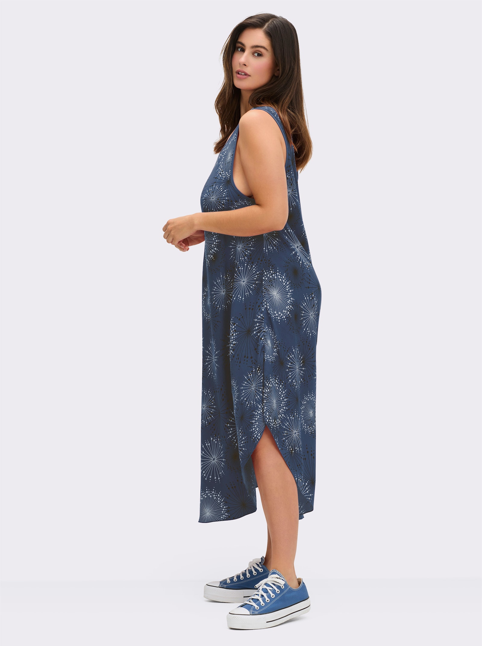 Druckkleid mit Blüten-Muster, figurumspielend - rauchblau-graphit-bedruckt