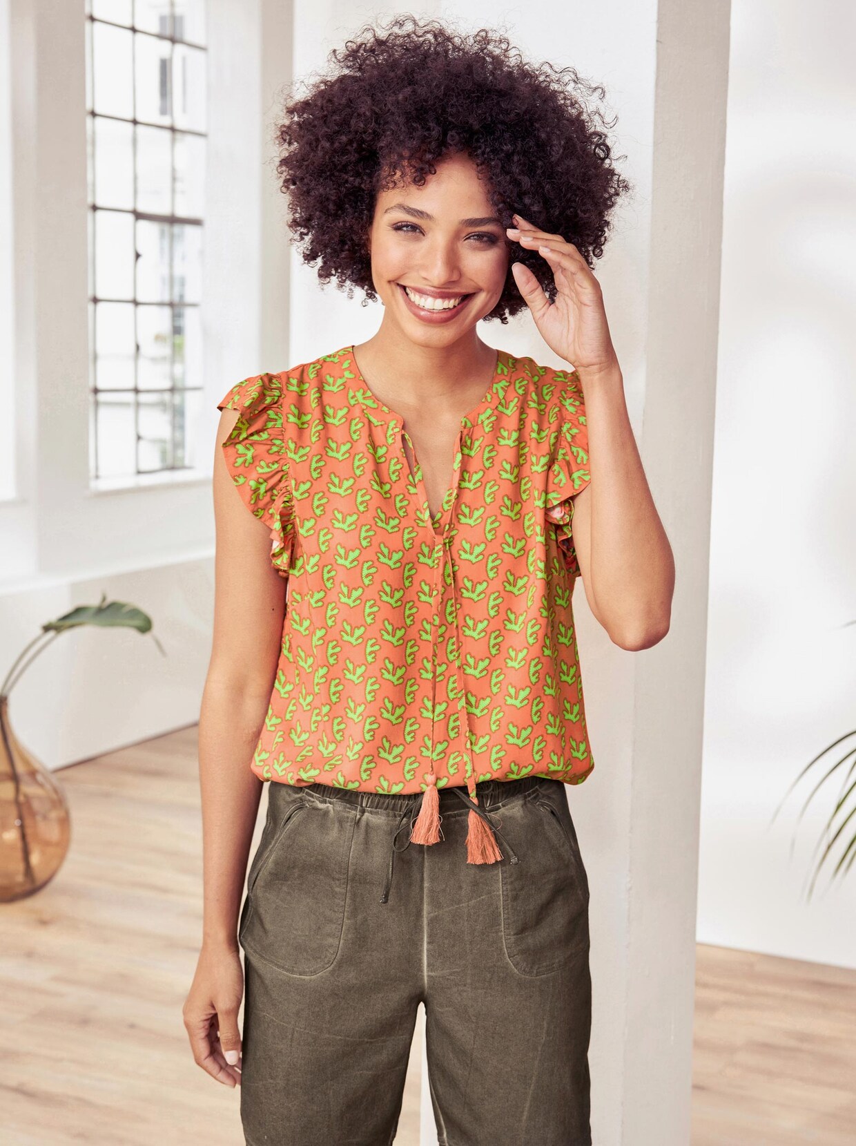 Linea Tesini Druckbluse - mandarine-oliv-bedruckt