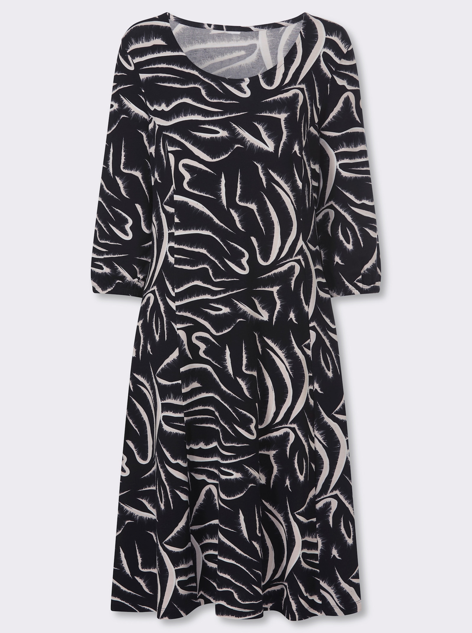 Jerseykleid mit ausgestelltem Rockteil - schwarz-weiss-bedruckt