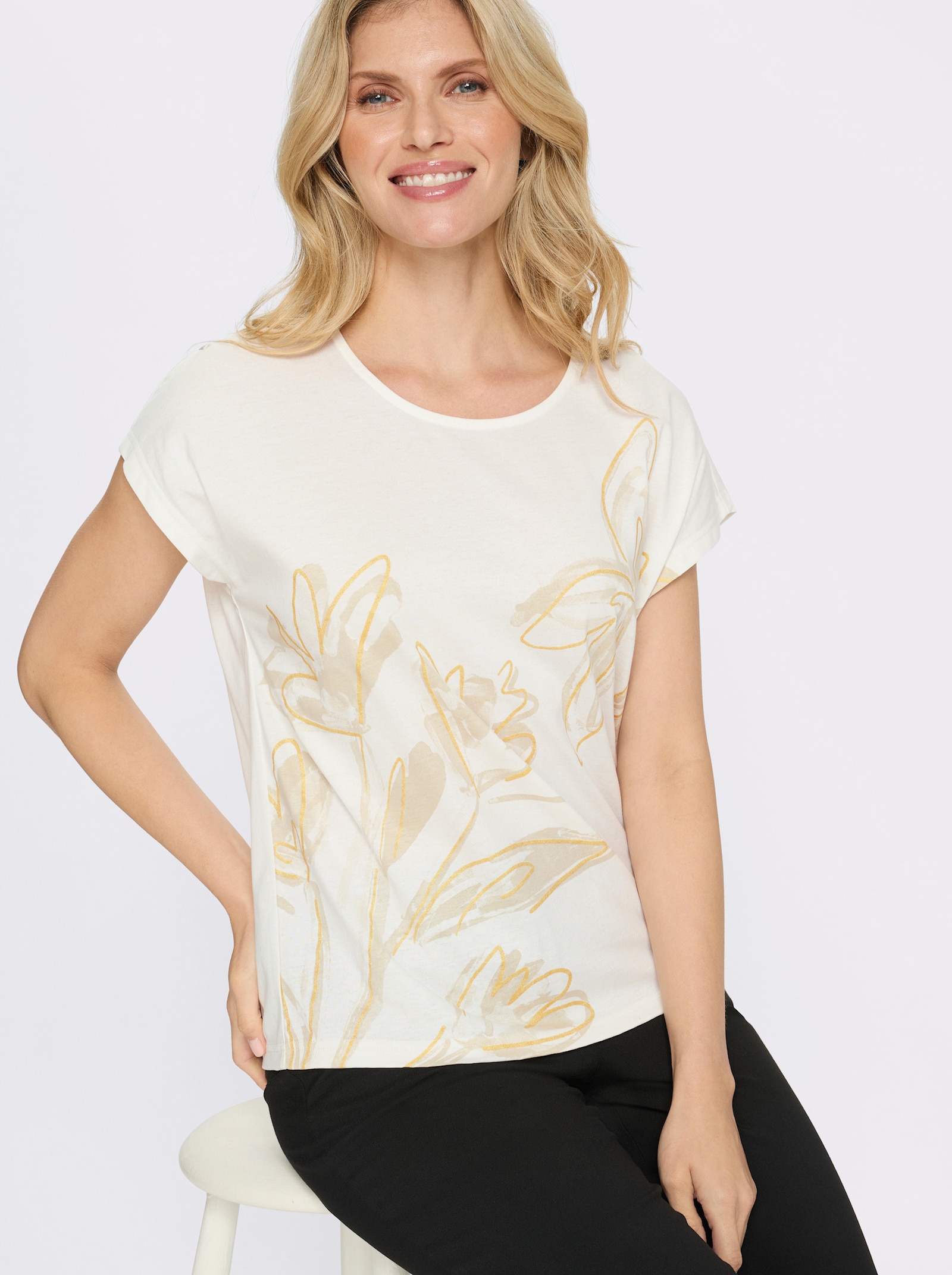 Rundhalsshirt mit überschnittenen Schultern - ecru-sand-bedruckt