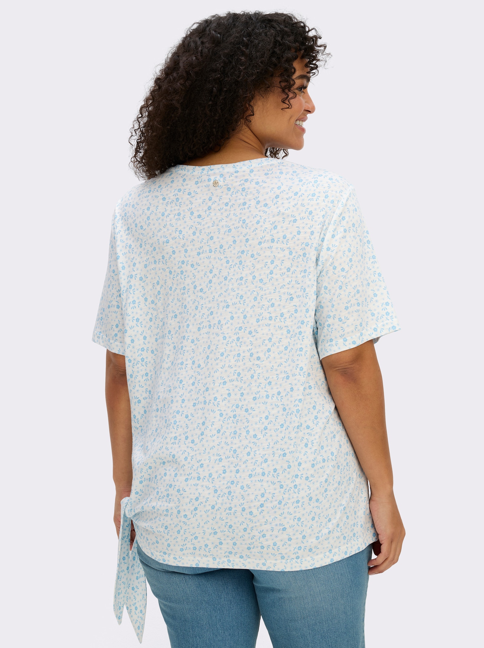 sheego V-Shirt mit Knotendetail am Saum - ecru-aqua-bedruckt