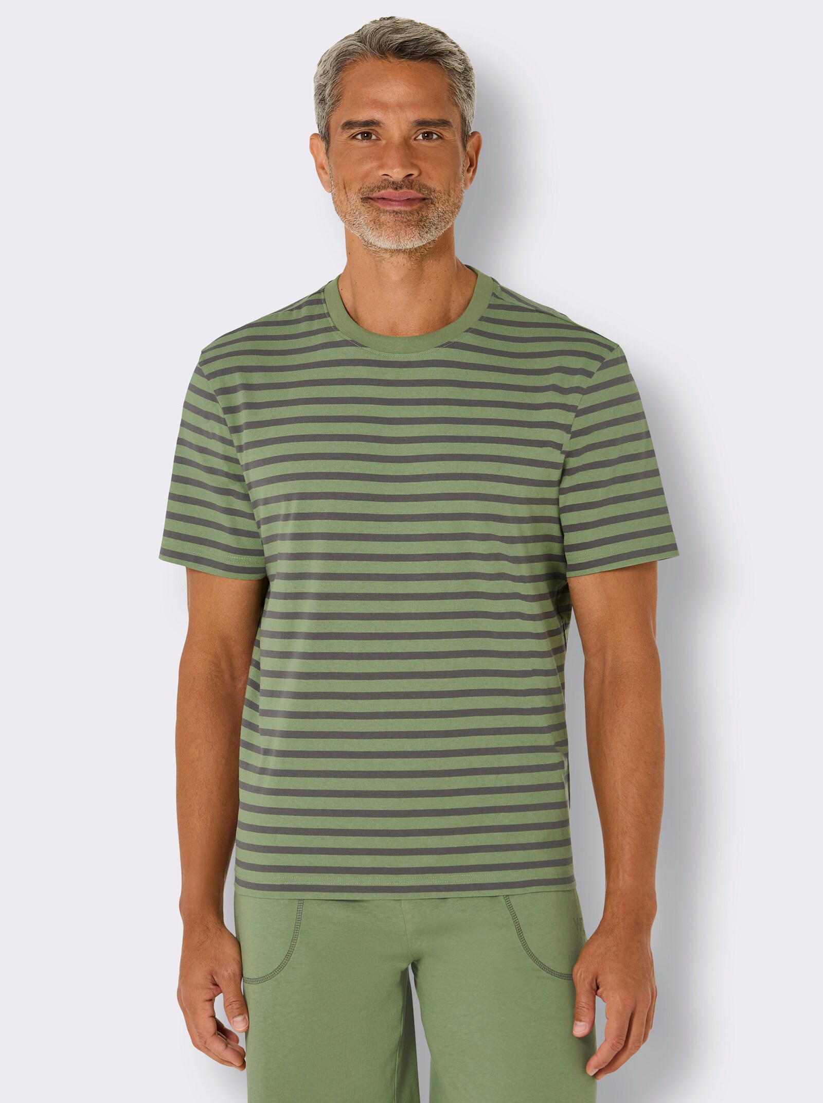 wäschepur men Schlafanzug-Shirt - eucalyptus-anthrazit-gestreift